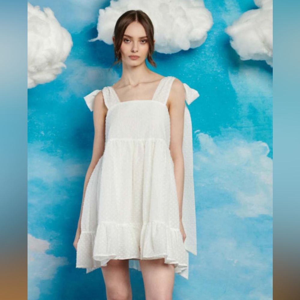 Horseback White Textured Bow Tie-Strap Mini Dress